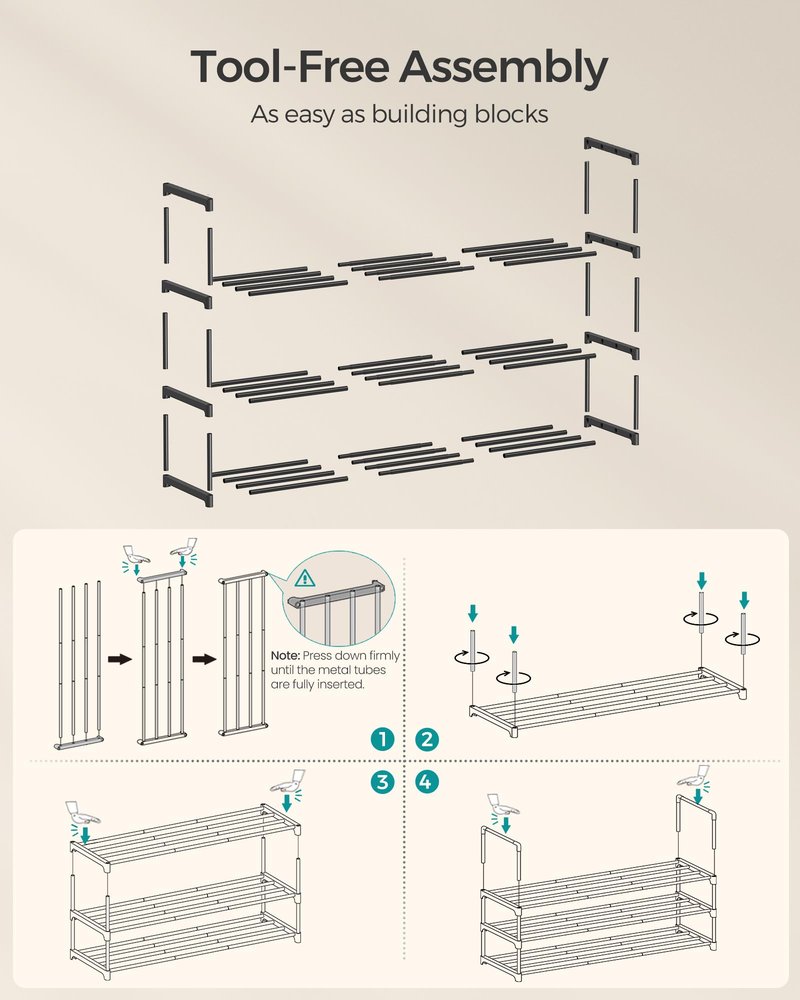 SONGMICS Shoe Rack, 3-Tier Shoe Organizer, Metal Storage Shelf, Upright or Upside Down, for 20-24 Pairs, Stackable, for Entryway, 11.8 x 46.1 x 21.7 Inches, Black ULSA033B01