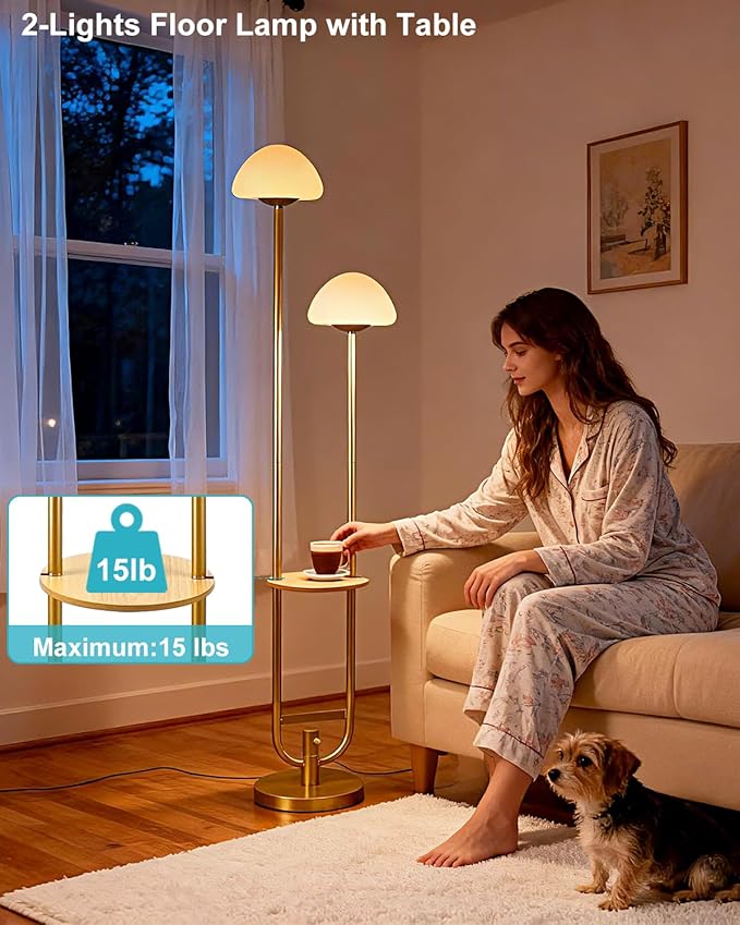 Lightdot 63IN Gold Dimmable Floor Lamp with Table& Mushroom Shades, Modern Mid Century Standing Lamps with Bulbs Included, Unique Vintage Tall Floor Lamp for Living Room/Sofa Beside/Corner Decor