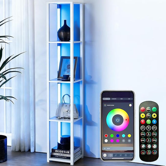 RGBCW Floor Lamp with Shelves, Smart Modern Floor Lamp with Music Sync, LED Color Changing Corner Display Shelf Lamp, Tall Lamps for Living Room and Bedroom, Bookshelf Lamp, White