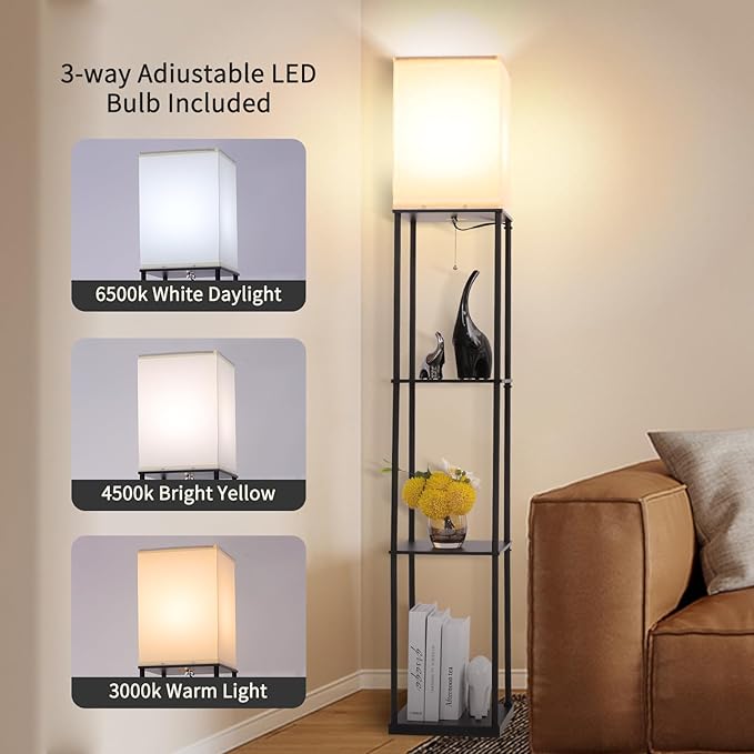 Floor Lamp with Shelves, Modern Square Standing Lamp with 3 Color Temperature Bulb, Corner Display Bookshelf Lamp for Living Room, Bedroom and Office (Black-2 Pack)