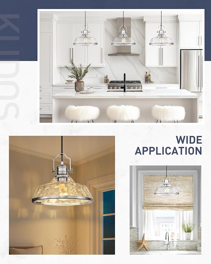 kudos Pendant Lights Kitchen Island, 11" Large Brushed Nickel Kitchen Island Lighting with Clear Hammered Glass Shade, Industrial Hanging Light Fixture for Kitchen Sink Dining Room, KDPL13-BN-H