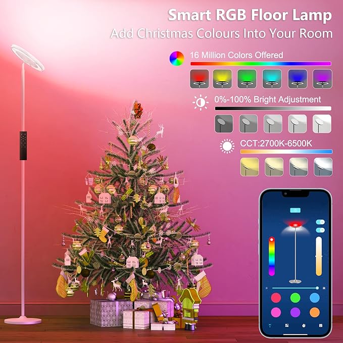 Keepsmile Double Side Lighting White Led Floor Lamp with Remote Smart App 36W 2600LM Bright Tall Standing RGB Angle Multicolor Dimmable Modern Lamps, (KS.FF.A.024W.FC.001)