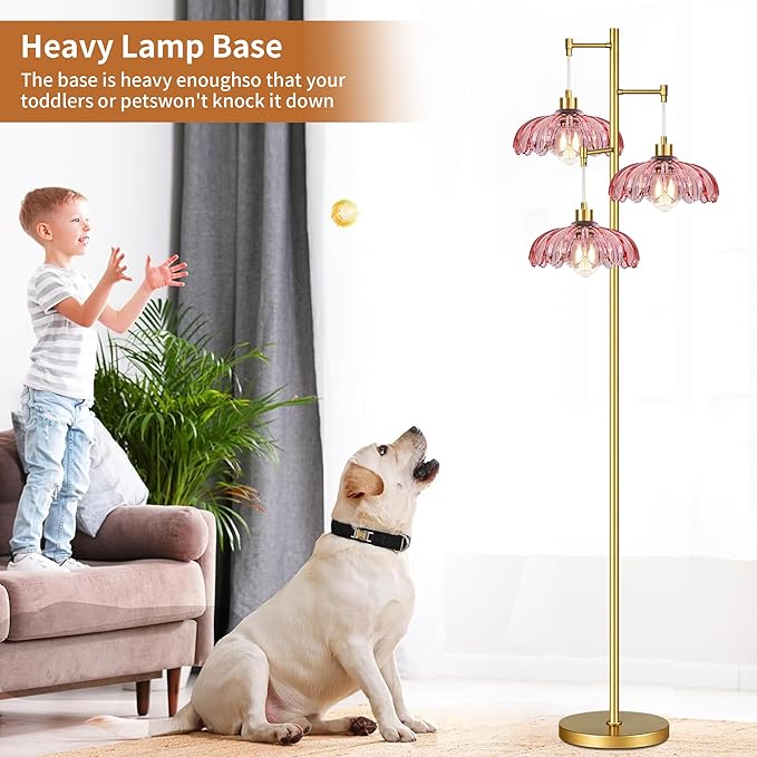 Vintage Floor Lamps for Living Room Bedroom-3 Light Glass Floor Lamp with Three Led Bulb, Tall Flower Floor Lamp Gold Mid Century Modern Standing Lamp Tree Floor Lamps for Living Room Bedroom Corner