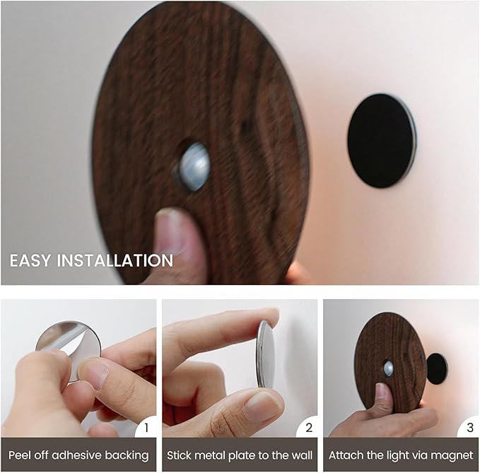 Motion Sensor Night Light Wood Rechargeable Battery-Powered Stick-On Step Lights Magnetic Closet Warm Nightlight for Hallway Bedroom Stair (2 Pack Black Walnut)