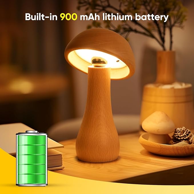 Mushroom Lamp Set of 2, Portable Touch Switch Cordless Bedroom Lamps Set of 2, Rechargeable Battery Operated Night Light, Stepless Dimming, 360 Degree Rotation Table Lamps for Ideal Gifts