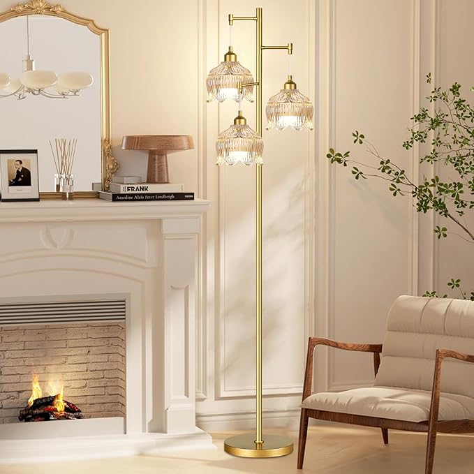 Gold Floor Lamps for Living Room 3 Lights Floor Lamp with Glass Lampshape & Three Led Bulb,Mid Century Standing Lamp Vintage Brass Tall Lamp Tree Floor Lamp for Bedroom Corner