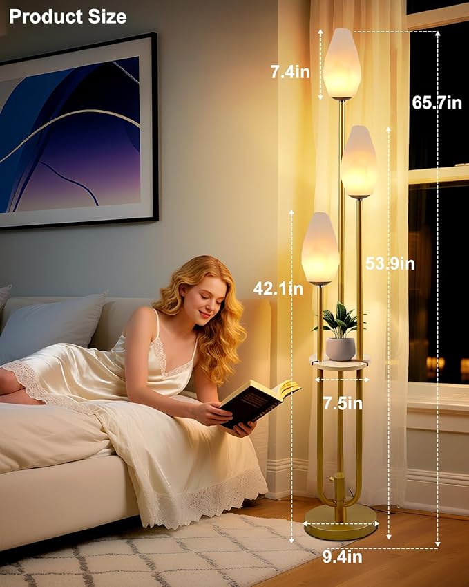 Lightdot Floor Lamp with Tray, 3-Lights Dimmable Floor Lamps with Rock-Shaped Shade, Unique Candle Holder Style Gold Modern Tall Lamp for Living Room/Party/Sofa Beside/Corner Decor(Bulbs Included)
