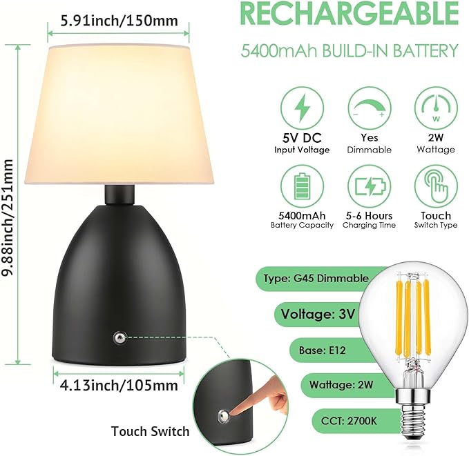 GGOYING Cordless Table Lamp Set of 2, Small Rechargeable Desk Lamp, 4-Level Brightness Bedside Nightstand Lamps for Bedroom, Kid’s Room, Nursery, Reading Living Room,Black
