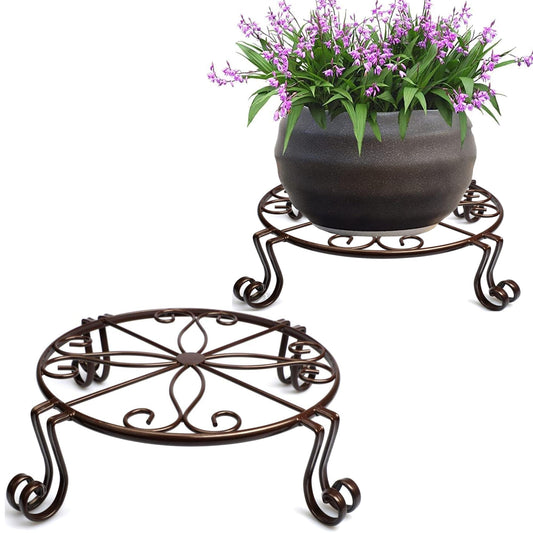 DearyHome 2 Pack 12" Plant Stands, Heavy Duty Rustproof Metal Plant Holders for Indoor and Outdoor Use, Wrought Iron Round Flower Stands for Patio, Balcony, and Garden (Bronze)