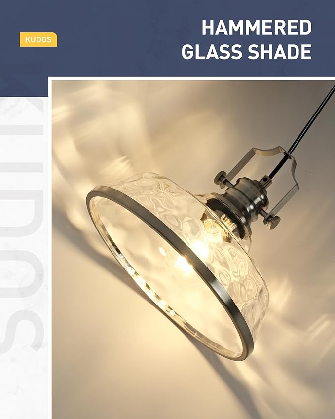 kudos 2 Pack Pendant Lights Kitchen Island, 11" Large Brushed Nickel Kitchen Island Lighting with Hammered Glass Shade, Industrial Hanging Light Fixture for Kitchen Sink Dining Room, KDPL13-BN-H-2PK
