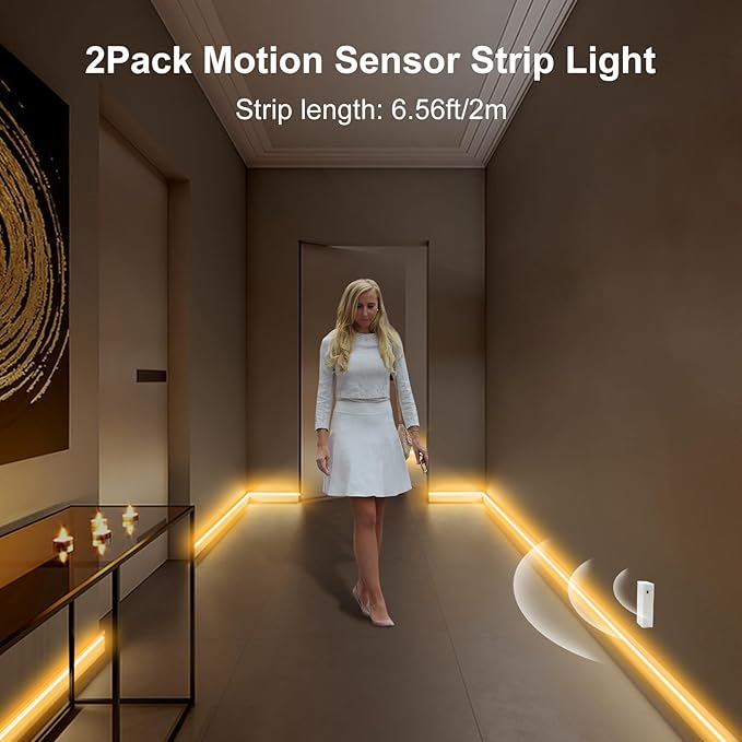 DBFAIRY 2 Pack COB Motion Sensor Strip Light Battery Operated, 6.6Ft 640 LED Cabinet Strip Lights High Bright with Sensor Lighting Mode for Wardrobe Stair Pantry Counter Cabinet Bed,2700K Warm White