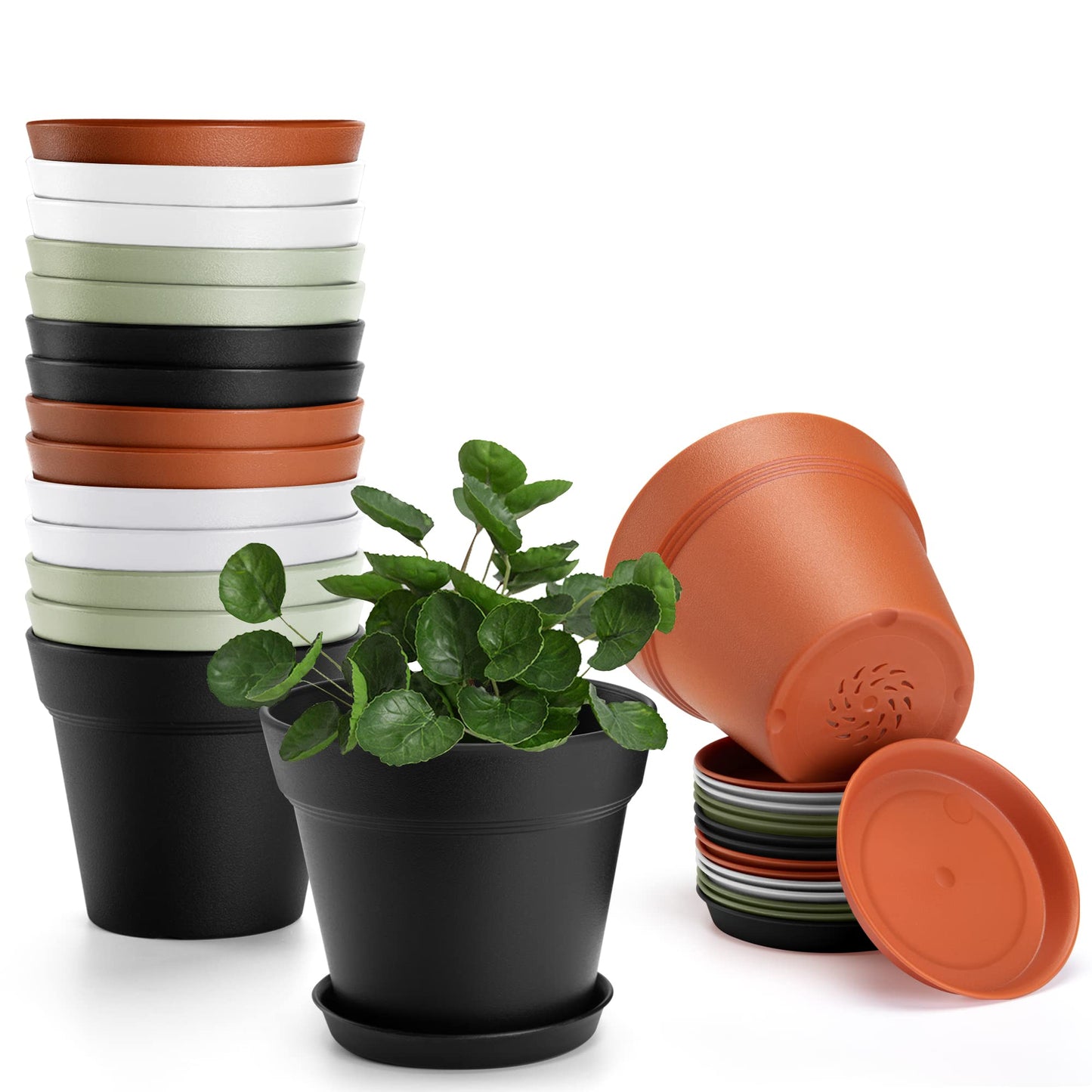 FHWTY 16 Pack Plastic Plant Pots with Drainage Holes and Tray, 4 inch Thickened Indoor Planters Seedlings Nursery Pots for Flowers, African Violet, Succulent and All House Plants, Colorful