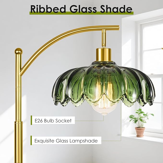 Gold Floor Lamp for Living Room,Unique Vintage Standing Tall Lamp,Mid Century Modern Floor Lamps Arc Green Glass Floor Lamps for Office Corner