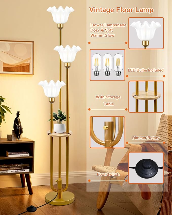 Lightdot Flower Floor Lamp for Living Room, Dimmable Vintage Floor Lamp with Shelf &Bulbs Included, 3 Light 3000K Gold Mid Century Standing Lamp, Floral Tall Lamp for Bedroom/Sofa Beside/Corner Decor