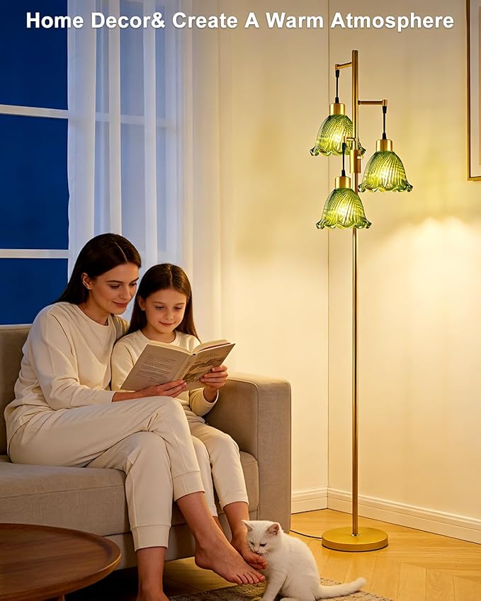Glass Floor Lamps for Living Room, 3-Light Gold Dimmable Floor Lamp with Green Glass Shade& Bulbs Included, Mid Century Standing Tall Lamp for Bedroom/Sofa Beside/Corner Decor