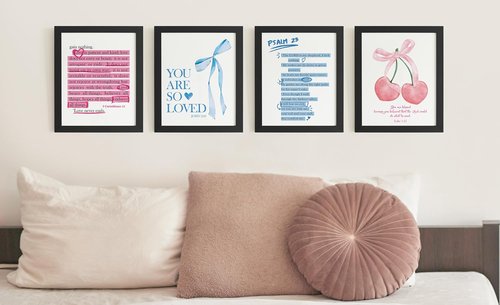 DSHFG Christian Wall Art - Trendy Pink & Blue Cherry Bow Decor | Set of 4 Bible Verse Prints 8x10