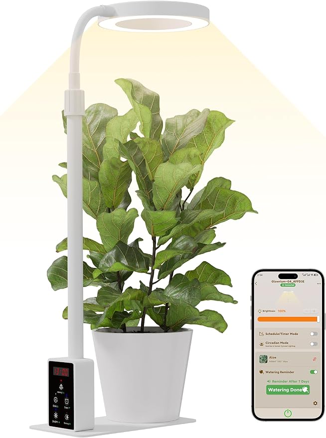 GLOWRIUM Smart LED Grow Lights for Indoor Plants G4, 12W Full Spectrum 3500K with Grow lamp, Bluetooth App Control, 10-Level Dimming, Gooseneck, Height Adjustable 16"-23", Auto Timer, (White 12W)