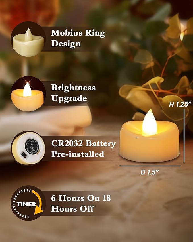 Flameless Candles, 24Pack Timer Fake Candle, LED Tea Light Candles, Battery Operated Votives with 6 Hours Timer Auto for Halloween Christmas Wedding Decor-1.5'' D X 1.25'' H, Ivory White