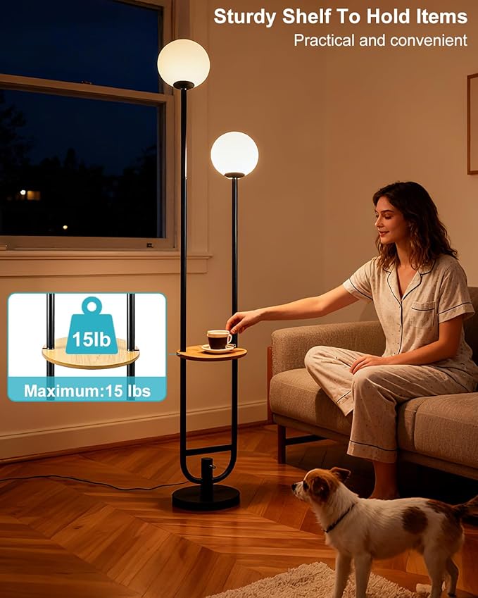 63IN 2-Globe Floor Lamp Dimmable Tall Standing Lamps with Table 3000K Warm White Unique Vintage Modern Mid Century Floor Lamp for Living Room-Black