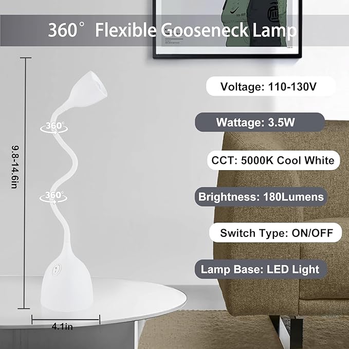 Desk Lamp for College Dorm Room - LED Reading Light - Small Adjustable Flexible Gooseneck Table Lamp - Eye-Caring Desk Lamp for Home Office Study Lamp, White