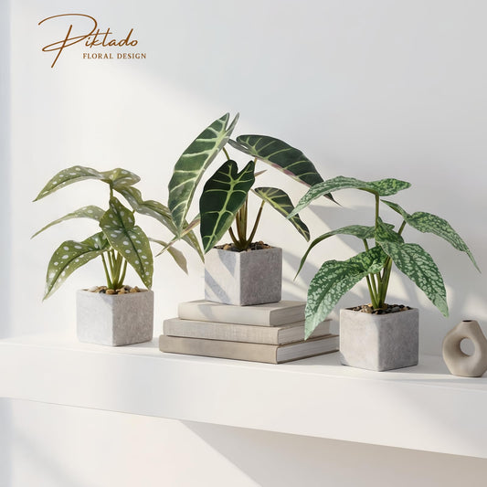 Piklado 3pcs Small Fake Plants Artificial Begonia Leaves Faux Plants Indoor for Office Desk Shelf Bathroom Home Decor