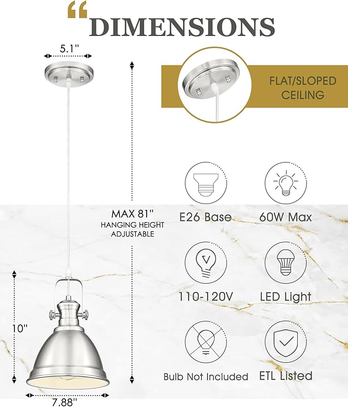 Pendant Lights Kitchen Island, 8" Farmhouse Hanging Lights Fixtures with Metal Shade, Rustic Kitchen Pendant Lighting Over Island for Dining Room, Brushed Nickel, AD-2151-1PM-SN