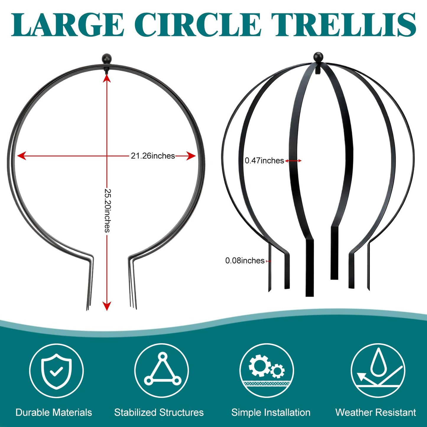 HEYTIMI 4 PCS Large Metal Round Trellis for Climbing Plants, Heavy Duty Thick Rustproof Obelisk, Garden Sphere Frame for Potted Roses Vines, Outdoor Garden Decor, Easy Assembly (25.2" x 21.3")