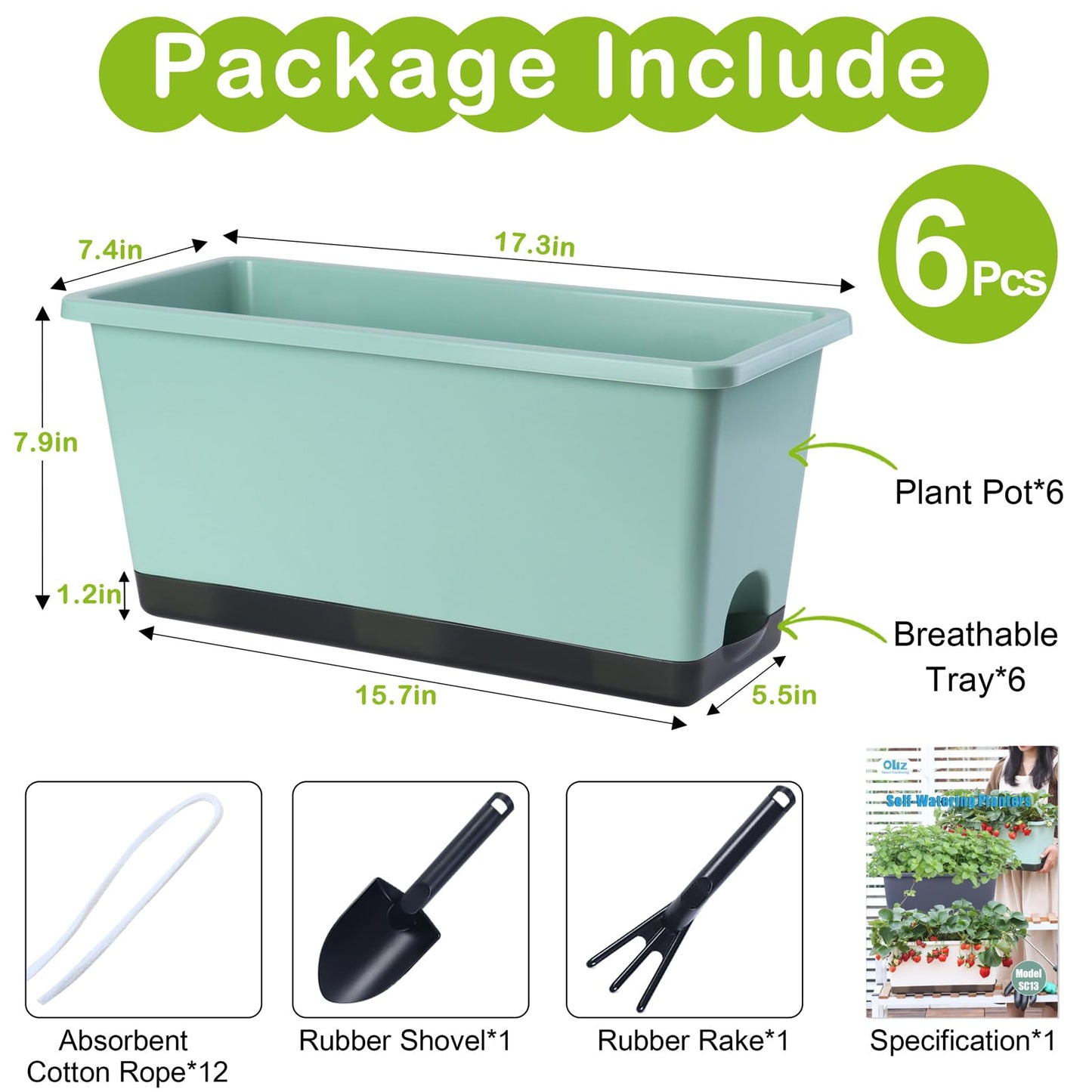 Window Box Planter 6 Pcs, 17 Inches Rectangle Flower Pots with Drainage Holes and Trays, Vegetable Planters for Windowsill Patio Garden Balcony Home Porch Yard Indoor Outdoor (Green, 17*7.4*7.8 inch)
