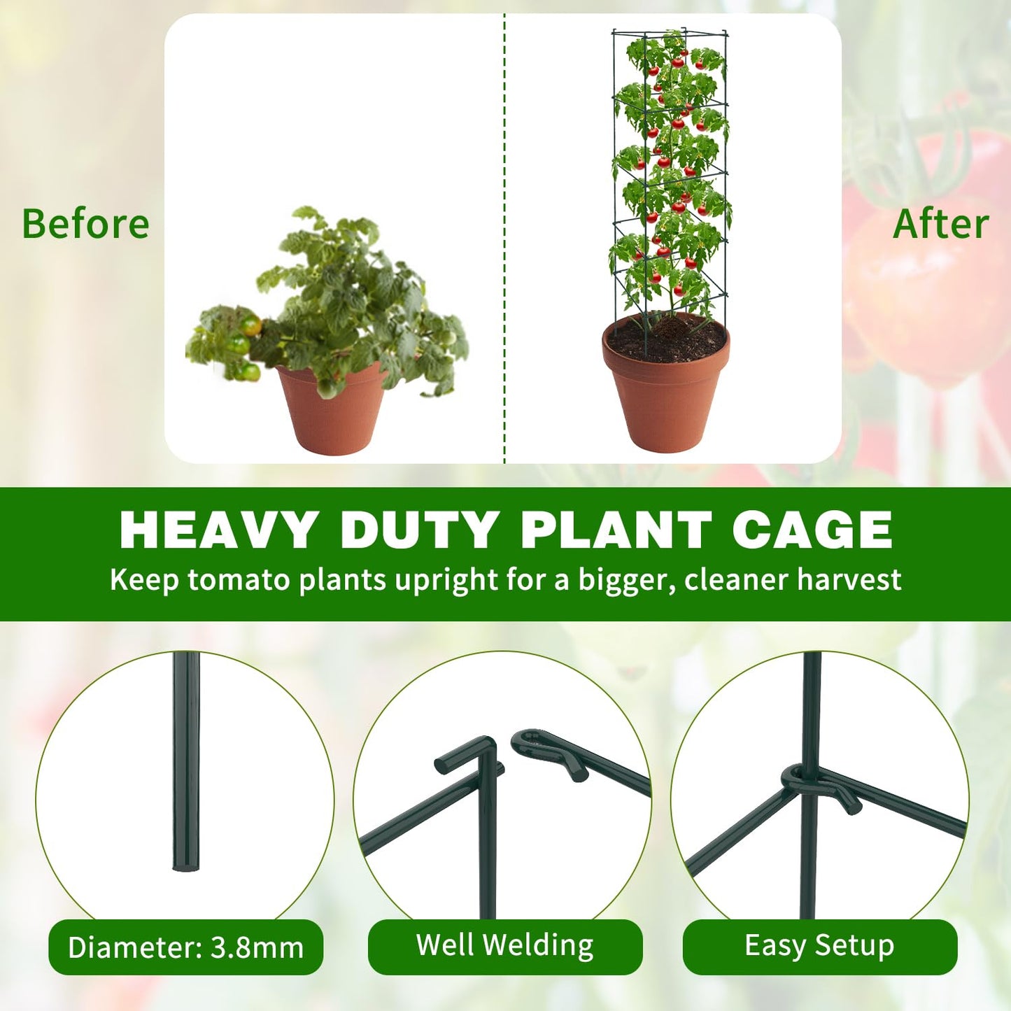 LAKNUAL 6 Packs Tomato Cages for Garden, 12"×12"×48" Plant Support Cage with Different Spacing, Green Metal Trellis for Climbing Plants Like Cucumber, Flowers