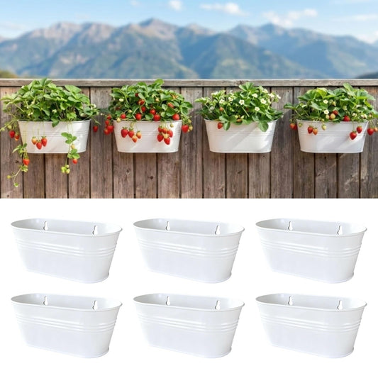 LaLaGreen Wall Planter (9.8 Inch, 6 Pack) White Oval Metal Pot Hanging Decor Flower Railing Fence Pots Mounted Indoor Plant Holder Porch Decorations Drainage Garden Plants Planters Balcony Home Yard