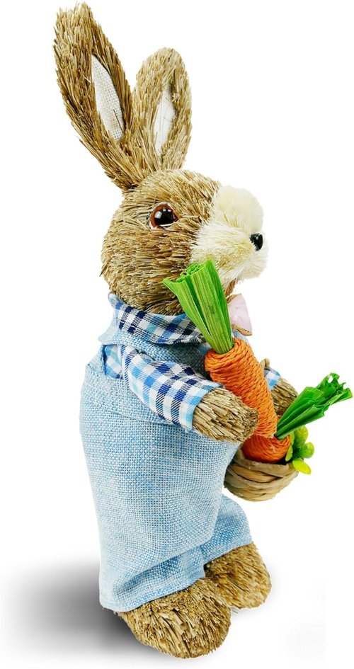 DearSun 14" Easter Straw Bunny Figurine - Blue Sisal Rabbit Holding Carrots | Spring Table Decor for Home & Garden