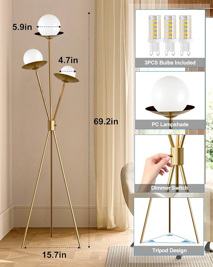 Lightdot Tripod Floor Lamp Dimmable Globe Floor Lamps with 3 LED Bulbs Included, 3000K Soft Warmwhite Modern Standing Lamps Gold Tall Lamp for Living Room/Bedroom/Sofa Beside/Corner Decor