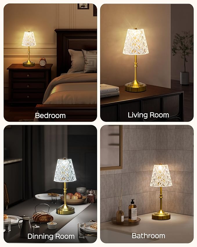 JACKYLED Cordless Lamp Rechargeable, Acrylic Crystal Lampshade, 3 Colors with Built-in Dimmer, 5400mAh Battery Operated, Wireless Lamp for Kitchen Counter Bedroom Living Room