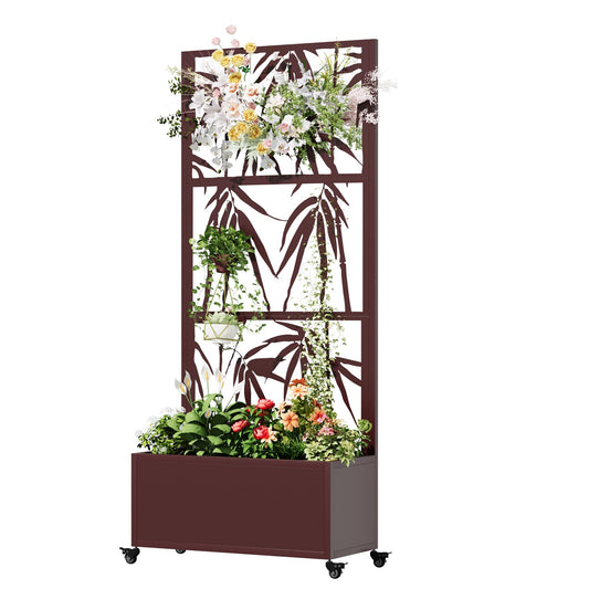 UPHYB Metal Planter Box with Trellis, 71"x 35"x 16" Raised Garden Bed with Trellis, Planter Box Trellis with Privacy Screen, Drainage Holes and 4 Lockable Wheels, Brown, Bamboo Style