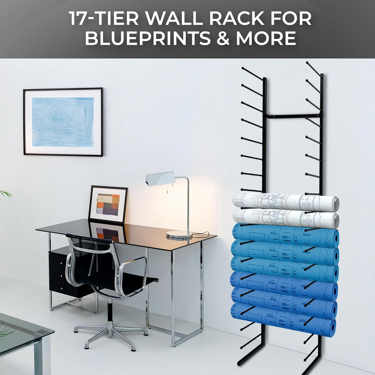 Skiennix Wall Mount Blueprint Holder - 34 Slot Storage Organizer for Posters, Maps & Construction Paper (17 Tiers)