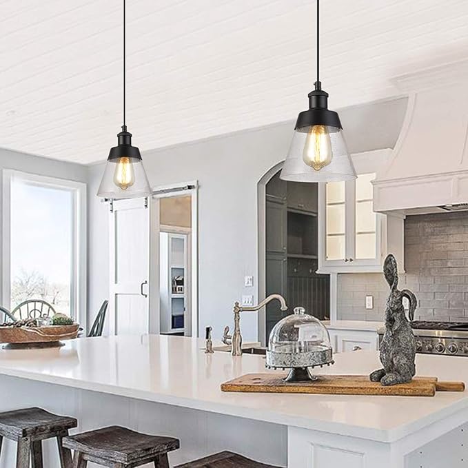 Industrial Glass Pendant Light with Handblown Clear Seeded Glass Shade, One-Light Adjustable Rustic Mini Pendant Lighting Fixture for Kitchen Island Cafe Bar Farmhouse, Black