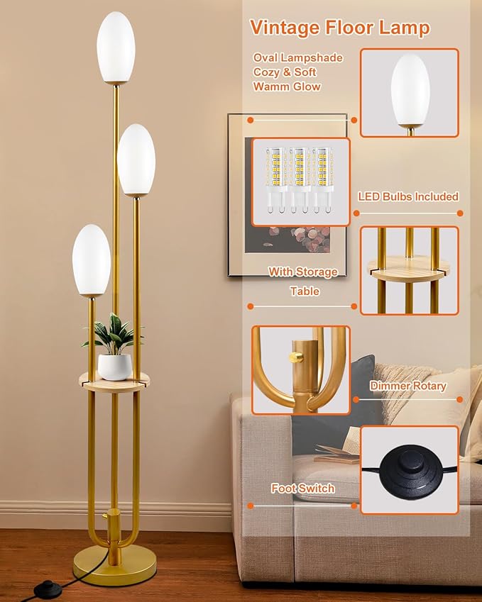 Lightdot Gold Floor Lamp Dimmable with Table, Tall Standing Lamps with 3-Oval Lampshades& LED Bulbs Included, 3000K Warmwhite Mid Century Modern Floor Lamp for Living Room/Sofa Beside/Corner Decor