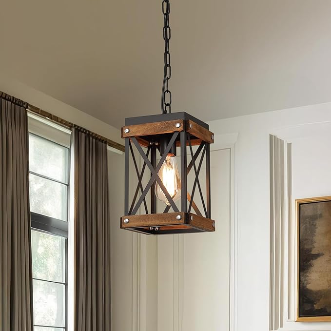 Rustic Farmhouse Plug in Pendant Light Fixture with Adjustable Chain, Oak Wood and Metal Lantern Cage Mini Hanging Lamp for Kitchen Island Living Room Hallway Farmhouse Bar, Black