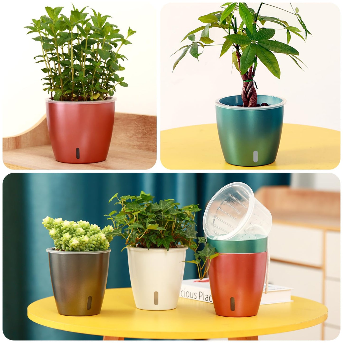 KvyusFlourish Self Watering Pots for Indoor Plants, 6-Pack 5'' Self Watering Planter with Drainage Holes, Small African Violet Pots with Water Indicator, Clear Wick Orchid Pot, Rose Gold