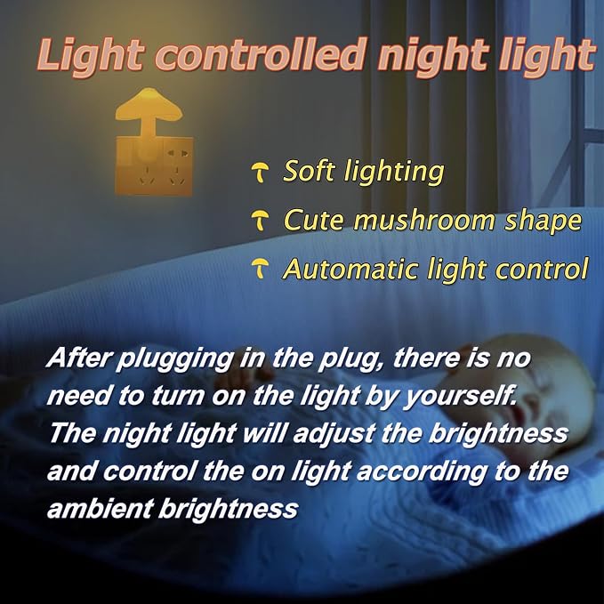 ESUPPORT Mushroom-Shaped Energy Saving Sensor LED Night Light with Plug Yellow(Average Life Expectancy 50000h)