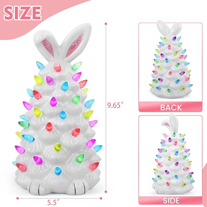 Light up Easter Bunny Decor Glowing Tree, Cute Ceramic Tree Bunny Decorations for The Home Indoor Bedroom Office Decor Tabletop, Easter Night Light for Kids Gifts (White)