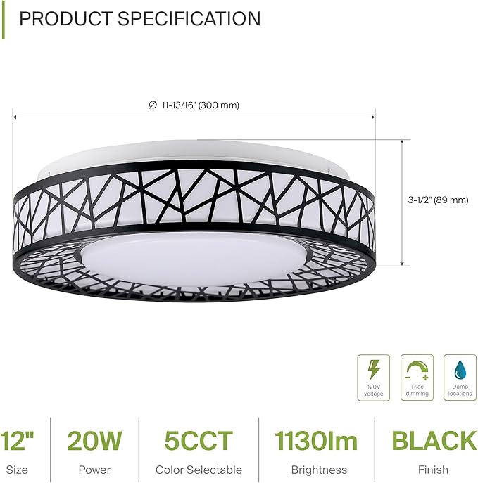 ASD 12 Inch LED Flush Mount Ceiling Light Fixture for Bedroom, 20W 1113LM 5CCT 2700K-5000K, Triac Dimmable Lights, Dining, Living Room, Kitchen Lamps, Modern Home Lighting Fixtures, Black, ETL, 4 Pack