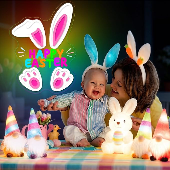 Happy Easter Neon Sign, LED Light Up Cartoon Bunny Decorations for Kids Bedroom, Nursery Room, Classroom, Home, Acrylic Wall Mounted Lighted Rabbit Decor, Easter Gifts for Boys and Girls, 14 x 10 Inches, USB Powered