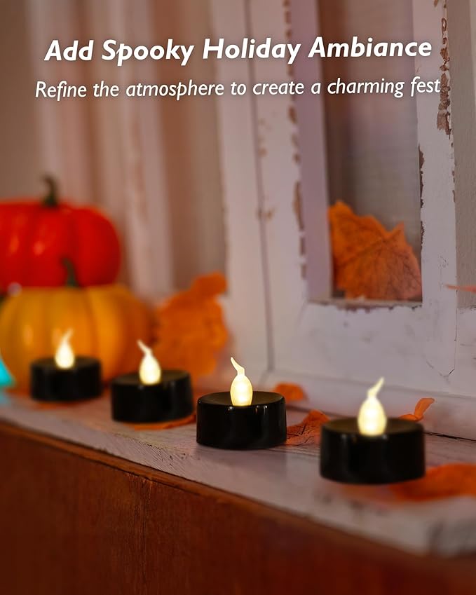 Black Candles, 24 Pack Tea Lights Candles Battery Operated, LED Tealight Candle, Flameless Votive Candle for Fall Holiday Decor, Theme Party -1.4" D X 1.3" H