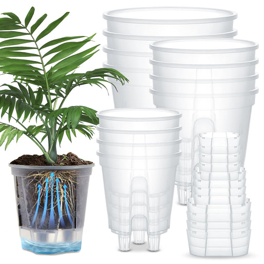 Wonderjune Self Watering Pots for Indoor Plants with Deep Reservoir and High Drainage Holes for Outdoor Plants and Flowers, Bare Root Planter(4.72'', 5.91'', 7.09'',Clear,12 Pcs)