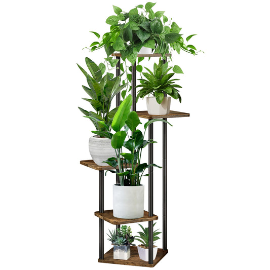 YOCOMEY 5 Tier Plant Stand Indoor, Thickened Metal Wood Corner Plant Shelf Stands for Multiple Plants, Indoor Tall Plants Stand Tiered Flower Holder for Living Room Patio Garden Balcony(Black+Brown)