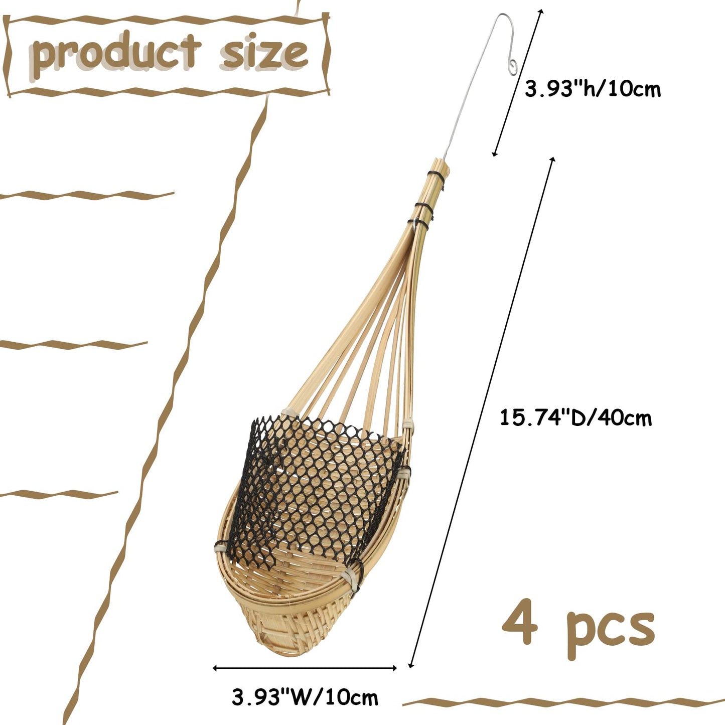Yookeer 4 Pack Orchid Hanging Basket, 4 Inch Handmade Thai Bamboo Woven Hanging Planter Pot with Adjustable Metal Hook, Breathable Bird Nest Style Gift Basket for Orchids, Indoor Summer Decoration