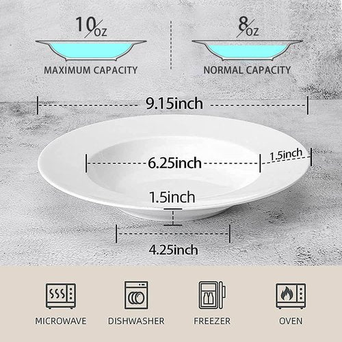 Artena Pasta Bowls Set of 4 - Elegant White Porcelain Wide Rim Soup & Salad Bowls | Microwave & Dishwasher Safe