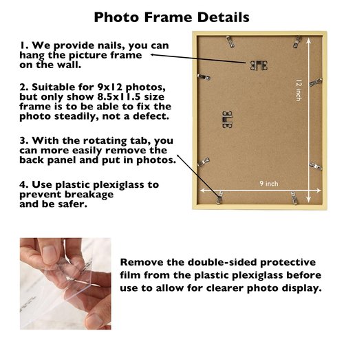 JCJMY 9x12 Picture Frame Gold for Wall Hanging, Wall Mounting Horizontally or Vertically, 9 x 12 Wall Gallery Poster Photo Frame with Durable Shatter Resistant Plexiglass, Gold