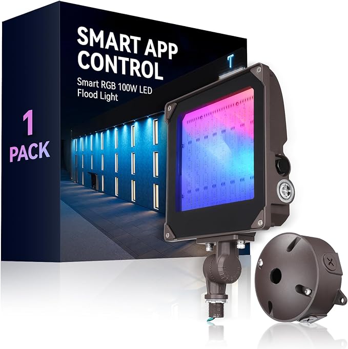 LEONLITE Smart RGB 100W LED Flood Light with Knuckle, Bluetooth Connection APP Control, Commercial Area Lighting for Outdoor Decorations, Garden, Yards, 3000K-5000K Dimmable, 100-277V, IP65 Waterproof